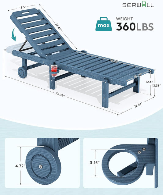 SERWALL Patio Chaise Lounge Set of 4, HDPE Outdoor Lounge Chair with Cup Holder, 5 Positions Adjustable Poly Lounge Chair with Rolling Wheels for Poolside, Deck, Sunbathing, Blue