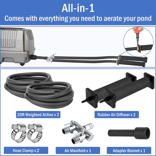 AquaMiracle All-in-One Koi Pond Aerator for Outdoor Ponds, Pond Air Pump Pond Aeration System with Self-Sinking Airline Flow Control Rubber Air Diffuser