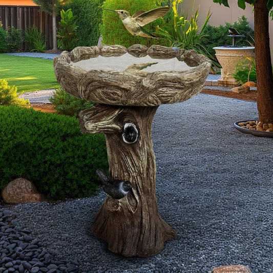 SKYFIRE 23” Tall Fibre Reinforced Concrete Birdbaths with Birds for Patio, Woodland Tree Trunk Decorative Outdoor Bird Bath for Garden,Pedestal Birdbaths for Outdoors, Garden, Patio, Lawn, Backyard