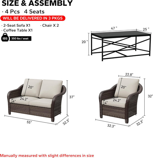 4 Pieces Outdoor Conversation Furniture Set, 55" Patio Couch,47" Metal Coffee Table, 2 Chairs, Rattan Wicker Sofa with Removable Cushions for Bistro, Deck (Beige)