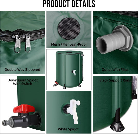 Collapsible Rain Barrel Water Collection System - 53 Gallon Portable Water Storage Tank,Foldable Rainwater Collect System Downspout, Water Catcher Container with Filter, Spigots&Overflow Kit