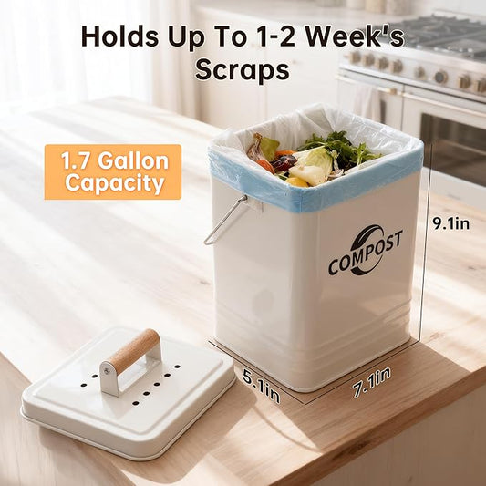 Kitchen Compost Bin, 1.7 Gallon Countertop Compost Bin with Lid and Charcoal Filter, Kitchen Composter for Food Waste, Rust Proof Indoor Bucket, White