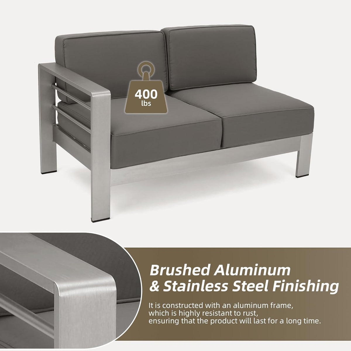 Outdoor Aluminum Furniture Set, 4-Person Patio Sectional Conversation Sofa Set, L-Shaped Outdoor Sectional Sofa with Cushions for Patios, Poolsides, Gardens (Khaki, Silver+Grey)