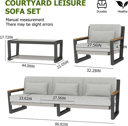 Aluminum Outdoor Patio Furniture Set 5 Seat, Patio Conversation Set with Durable Mesh Rope Weaving, Wide Armrests and Seats, Metal Sofa Set for Patio Grey