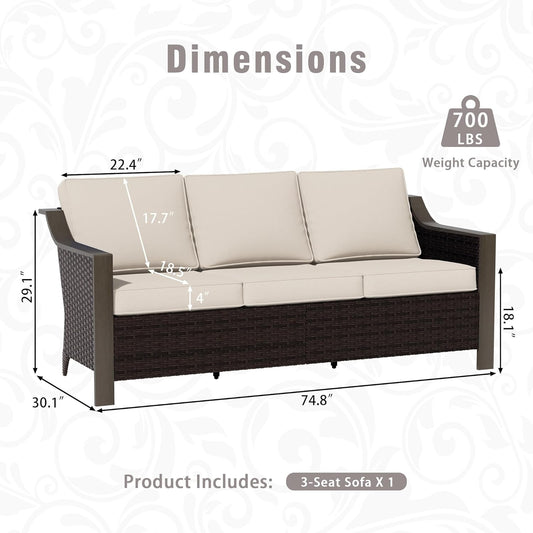 3 Piece Wicker Patio Conversation Set, All-Weather Use Outdoor Wicker Sofa with 2 PE Rattan Chair, Removable Water-Resistant Cushion, Ideal for Porch, Backyard, Balcony, Poolside, Beige