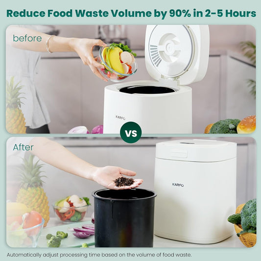 Karfo Electric Composter for Kitchen, Smart Compost Bin Outdoor/Indoor, Odorless Single-Button Auto Operation, Turn Food Waste to Fertilizer for Plants, Food Waste Compost Machine(White)