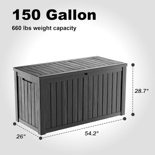 DRATO 150 Gallon Outdoor Storage Box, Large Waterproof Deck Box, Lockable Resin Storage Container with Reinforced Support for Patio Cushions, Garden Tools, UV-Resistant Outdoor Chest(Black)