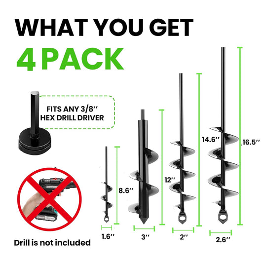 Auger Drill Bit for Planting 4 Pack – Garden Spiral Hole and Bulb Planter Tool for Umbrella Holes - Compatible with 3/8 Inch Hex Drive