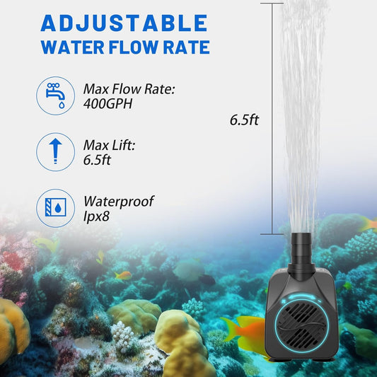 400GPH Submersible Water Pump(1500L/H,25W),Ultra Quiet Fountain Pump with 6.5ft High Lift, Pond Pump for Fish Tank, Pond, Aquarium, Statuary, Hydroponics.