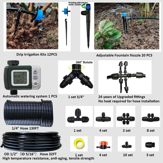 162ft Drip Irrigation Kit 5/16βID Main Hose and 1/4 Inch Pipe Drip Irrigation System with Water Timer Auto Watering System for Garden Adjustable Spray, for Greenhouse, Garden, Lawn, Potted Plants