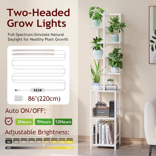 Plant Stand Indoor with Grow Light, 7-Tiered Tall Plant Stand Indoor, Metal Plant Shelf with Bookshelf Bookcase and Adjustable Light, Ideal for Living Room, Reading room, Garden, Patio (white)