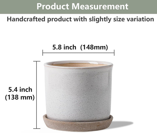 5.8 Inch Plant Pot: Ceramic Planter with Drainage Hole & Saucer - Cylinder Round Flowerpot for Indoor & Outdoor Plants - with Separate Tray for Home & Office - Retro Style, Grey
