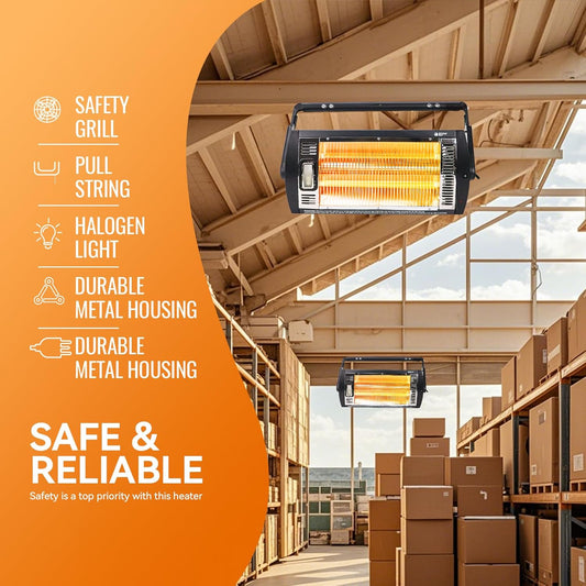 Electric Garage Heater 120V, 750/1500W Ceiling Mount Space Heater for Garage, Shop, Patio with 90° Adjustable Tilt, Dual Quartz Radiant, Safety Metal Grille and Overheat Protection, 1-Pack