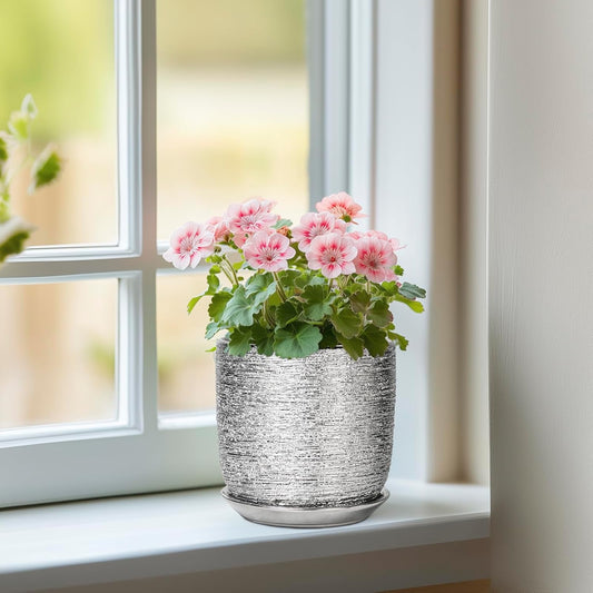 Ceramic Plant Pot 5 Inch - Indoor Planter with Drainage Hole and Saucer, Round Modern Flower Pot for Succulent Plants, Housewarming Gifts, Office Home Desk Decor, Silver