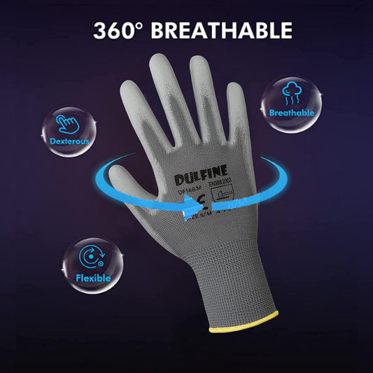 DULFINE Safety Work Gloves PU Coated-12 Pairs,Grey Seamless Knit Glove with Polyurethane Coated Smooth Grip on Palm & Fingers, for Men and Women, Ideal for General Duty Work (Medium)