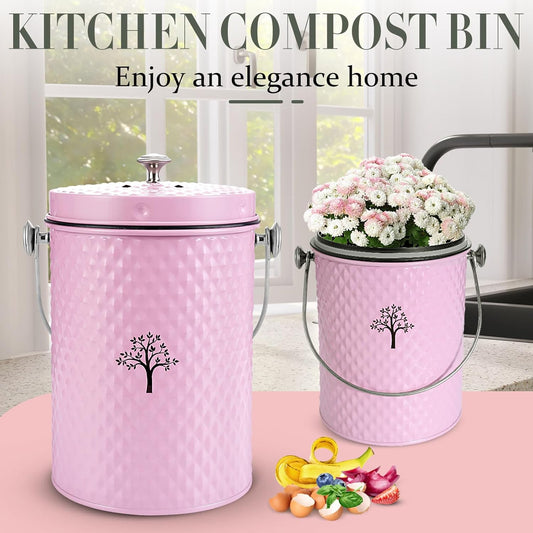 AOSION Countertop Compost Bin Kitchen,Odorless Indoor Compost Bin with Lid and Compost Bags,Compost Bucket Composter Container for Food Waste,Pink