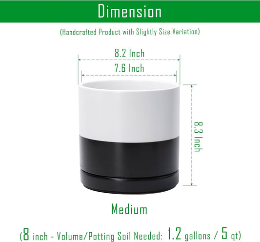 D'vine Dev 8.2 Inch Ceramic Planter Pot with Drainage Hole and Saucer, Indoor Cylinder Round Planter Pot, Layered Monochrome Black & White, 94-O-D-L