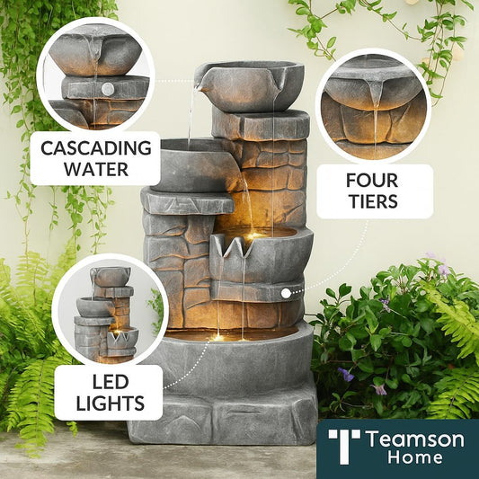 Teamson Home 33" Outdoor Water Fountain with LED Lights, 3-Tier Cascading Bowls, Weather-Resistant Resin Garden Water Feature for Patio, Lawn, and Backyard Decor – Stone Gray