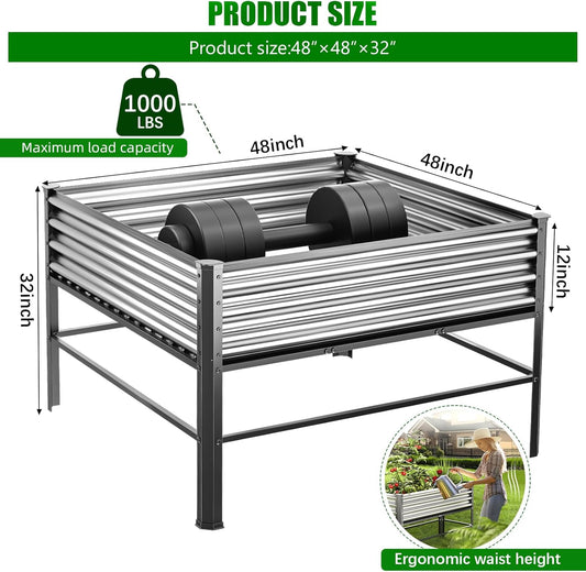 Doniks Raised Garden Bed with Legs, 48Ă—48Ă—32in Large Outdoor Metal Galvanized Garden Planting Box,1000lb Capacity for Vegetables Lawn Green Flowers, Fruits, Terrace