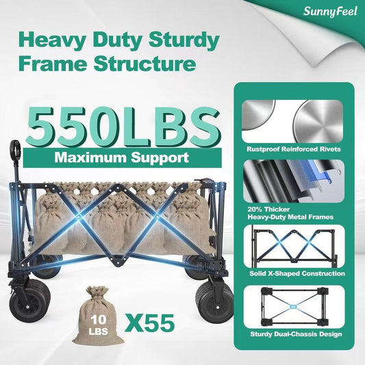 SUNNYFEEL 550L Large Capacity Folding Sports Wagon, 550LBS Heavy Duty Collapsible Cart,Extra High Extender Wagon Cart with Tailgate, All-Terrain Big Wheels for Camping Fishing & Outdoor Use,Black