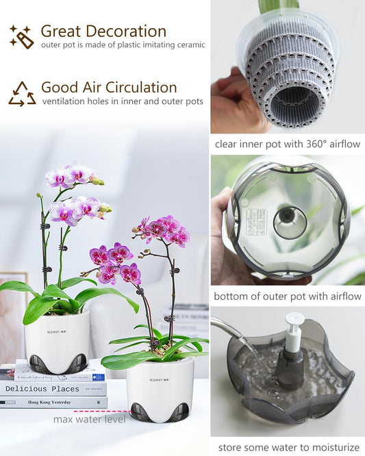 6 inch Orchid Pots with Holes for Repotting with Excellent Airflow, Set of 2, Double Layer Plastic Imitate Ceramic Orchid Planter, Clear Orchid Pot Match Decorative Orchid Container