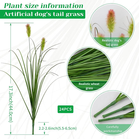 Artificial Grass Plants Outdoor 24 Bunches Fake Onion Grasses with Plush Fake Shrubs Plant Flowers Faux Greenery Wheat Sea Grass for Outside Garden Indoor House Home Office Room Décor (Green & Red)