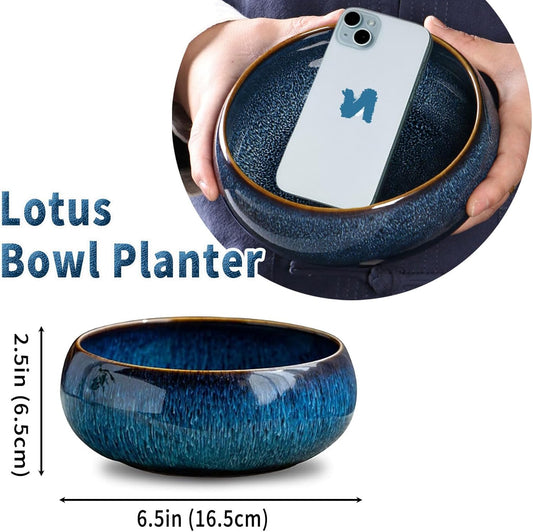Oncpcare Lotus Bowl Planter â Ceramic Water Plant Pot Sacred Bonsai Bowl Lotus Flower, Shallow Glazed Vase for Lotus Seeds, Bonsai, Succulents, Hydroponic Plants (Blue)