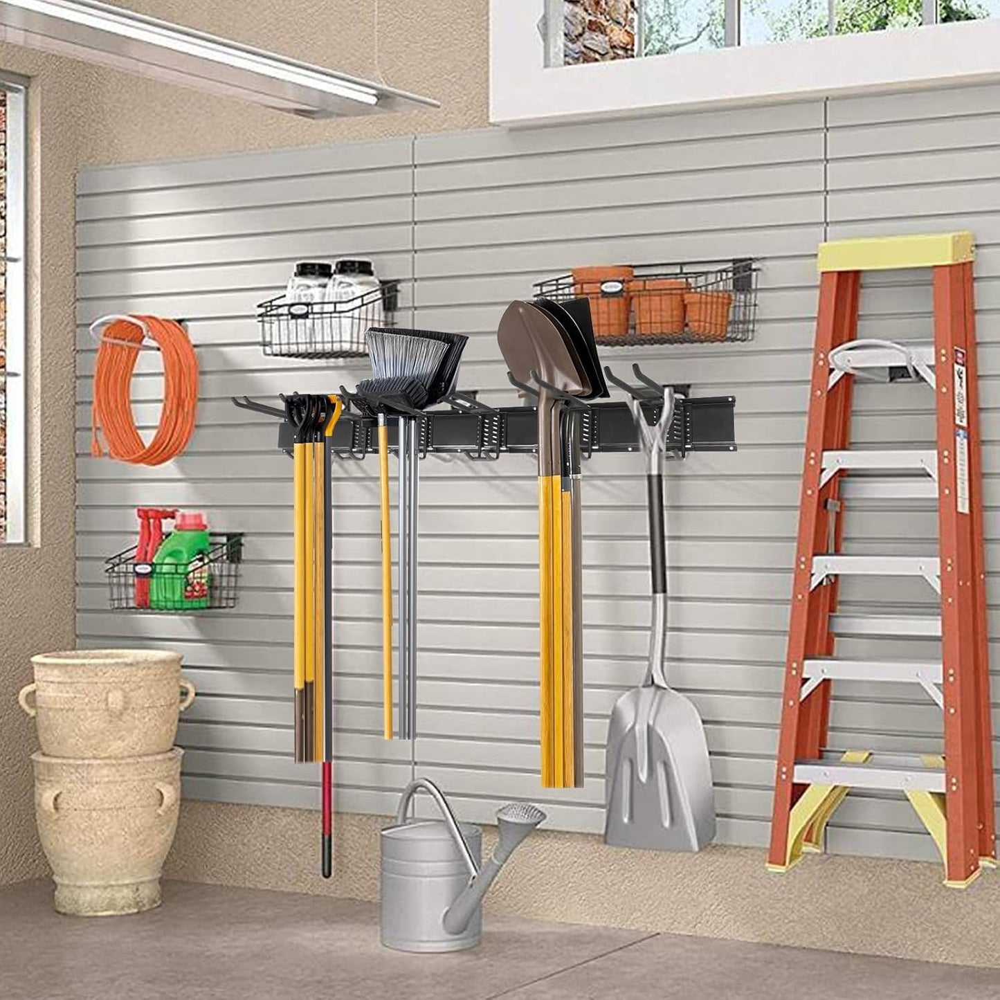 Garage Storage Rack Hooks, 48 Inch Heavy Duty Wall Mount Garage Organization with 3 Rails and 6 Adjustable Double Wall Hooks,Hanging Shelves for Garden Tool/Broom/Mop(Black)