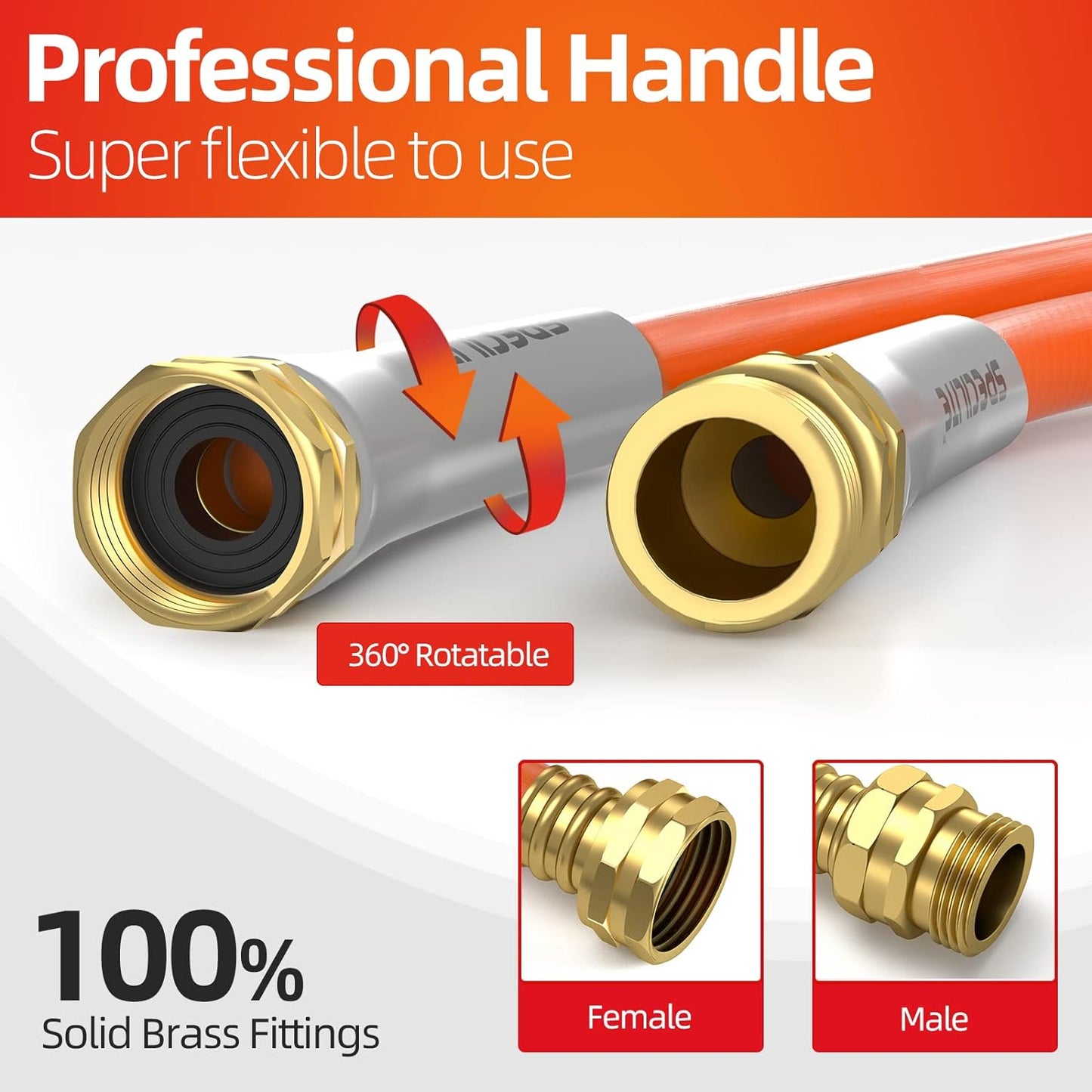 Garden Water Hose 75 ft x 5/8 in Heavy Duty, Flexible and Lightweight, Burst 600 psi, Kink-less Hybrid Rubber Pipe for Backyard, 3/4'' Brass Fittings, Orange