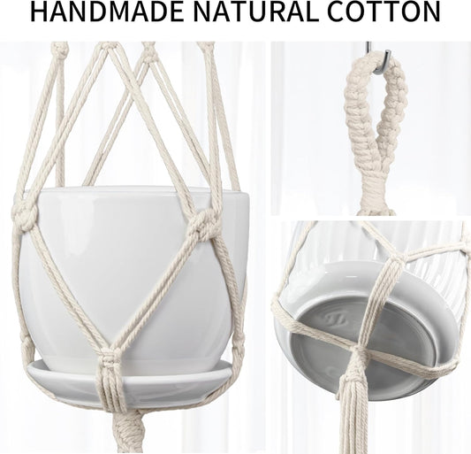 Macrame Plant Hanger, 34"/41"/46" 3 Sizes, Hanging Planters for Indoor Outdoor Plants, Flower Pot Holder with Wood Beads & Tassels for Boho Home Decor, 3 Pack, Ivory
