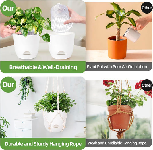 2-Pack 7.1-Inch Self-Watering Hanging Planters for Indoor & Outdoor Plants,34Inch Macrame Hanger Plant Pots Indoor with Drainage,Small Hanging Planters & Baskets,With Two Sets of Hooks(Pure white)