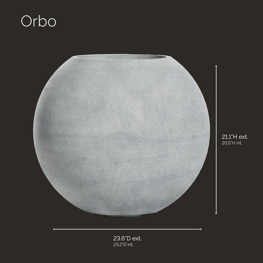 Orbo Globe Sphere Planter β Concrete Stone Finish β Fiberglass Indoor/Outdoor and Weather-Resistant Round Planter (23.6" D x 21.1" H Exterior, 23.2" D x 20.5" H Interior)