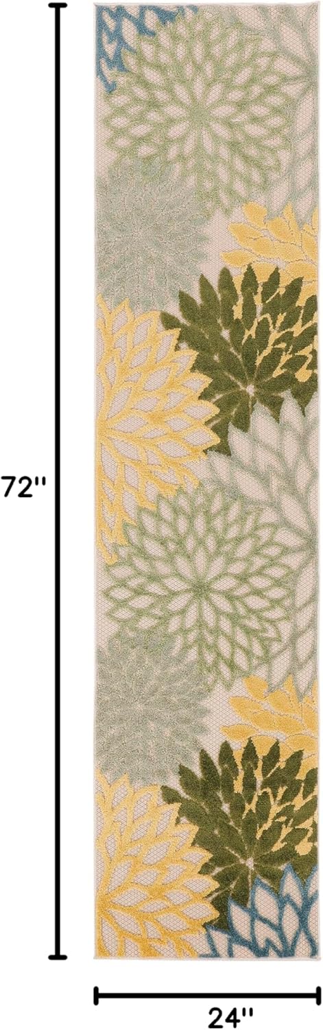 Nourison Home Aloha Indoor/Outdoor Green Multicolor 2' x 6' Area Rug, Easy Cleaning, Non-Shedding, Bed Room, Living Room, Dining Room, Backyard, Patio, Deck (2x6)