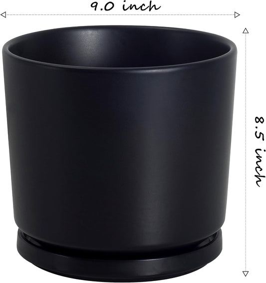 Ekirlin 9 inch Plant Pots,Ceramic Flower Planters Indoor,Modern Succulents Containers with Drain Hole Saucer,Decorate Home,Office & Outdoor (Black)