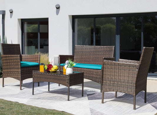 Greesum Patio Furniture 4 Pieces Conversation Sets Outdoor Wicker Rattan Chairs Garden Backyard Balcony Porch Poolside loveseat with Soft Cushion and Glass Table, Brown and Blue