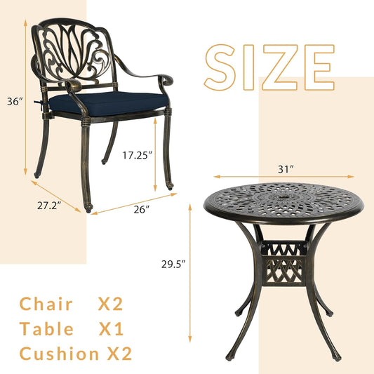 3-Piece Outdoor Patio Dining Set, All-Weather Cast Aluminum Patio Furniture Set for Backyard Garden Deck with 2 Cushioned Chairs and 31” Round Table, 2" Umbrella Hole, Navy Blue
