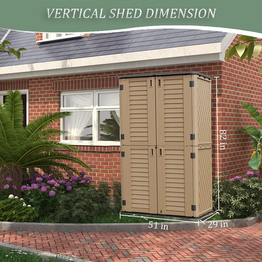 HOMSPARK Storage Shed Weather Resistance, Multi-Purpose Outdoor Storage Cabinet for Backyards and Patios, Horizontal Storage Shed for Lawnmower, Patio Accessories (Coffee, Tall - 53 cu.ft)