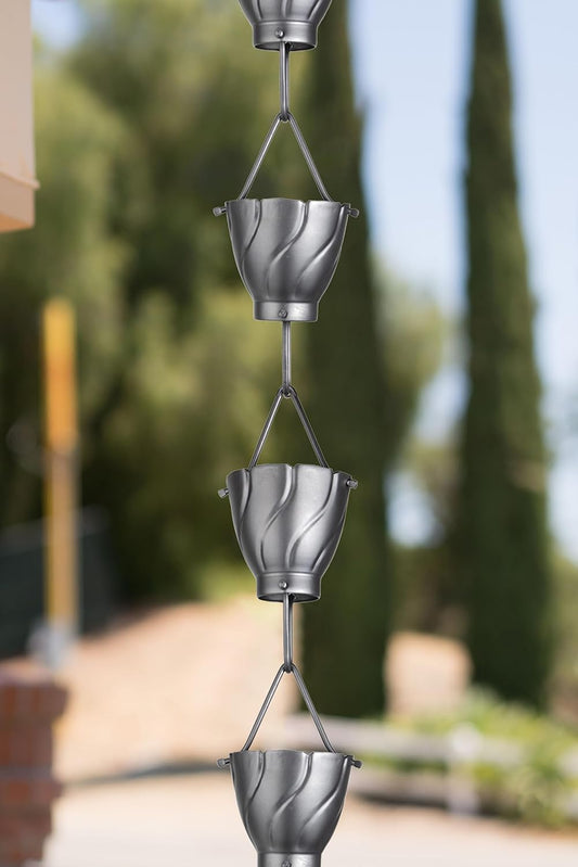 Monarch Rain Chains Aluminum Akira Rain Chain, 8.5 ft Pewter Powder Coated Aluminum Decorative Rain Catcher Chain for Gutters, Pewter Aluminum Rain Gutter Replacement Downspout