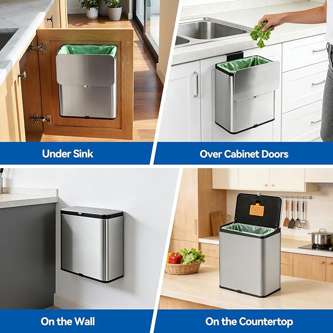Compost Bin Kitchen, 2.1 Gallon Stainless Steel Trash Can with Lid for Countertop or Under Sink, Hanging Small Trash Bin, Removable Inner Bucket, Built-in Charcoal Filter, 60 Compostable Garbage Bags
