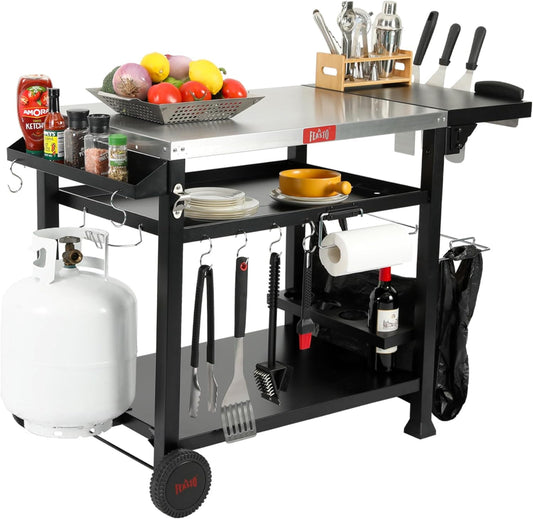 Outdoor Grill Cart, Pizza Oven Table Stand for Outdoor Indoor, 40" x 26" Stainless Steel Tabletop Dining BBQ Grill with Wheels for Food Prep, 3-Shelf Kitchen Cart Table