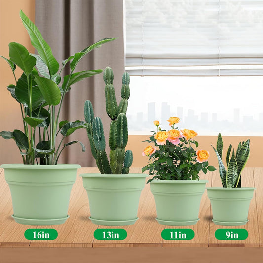 13 Inch Plastic-Flower-Pot-for-Indoor-Plants, 4 Pack Large Outdoor Planter Pot with Drainage Holes & Saucers, Resin Decorative Garden Pots Planters
