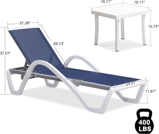 PURPLE LEAF Patio Chaise Lounge Chair Set of 3 Outside Aluminum Plastic Stackable Tanning Chairs with Armrests and Side Table for Pool Sunbathing Beach Deck Outdoor Lounger, Navy Blue