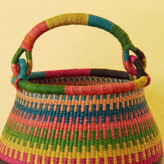 Home & Kitchen Decor, Wicker Basket, Picnic Basket, Living Room Basket, Organizing, Harvesting, Foraging, Fruit Storage, Hand Woven, Pot Shape, 16" Wide, Boho - Black Colorful