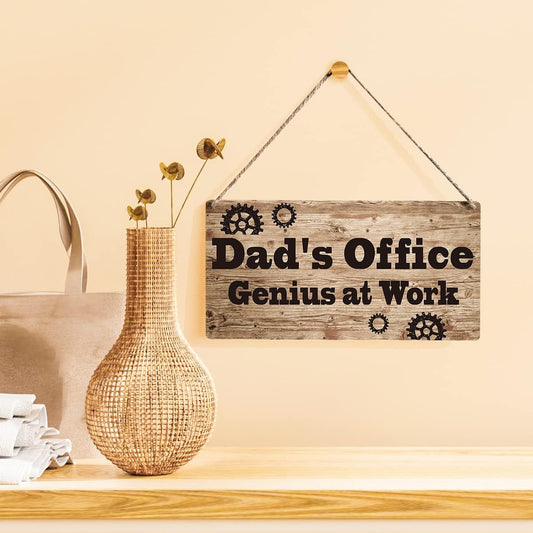 Dad Sign Gift Farmhouse Dad's Office Genius At Work Wooden Hanging Sign Plaque Retro Wall Art Decor Home Decoration 12 x 6 Inches