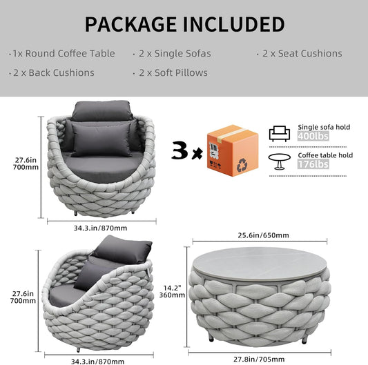 TWT 3 Pieces Aluminum Patio Furniture Set, Hand Woven Polyester Rope Modern Outdoor Furniture w/Washable Cushion and Rock Slab Tabletop, Conversation Sofa Set for Livingroom Poolside Balcony (Grey)