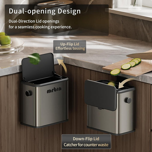 MRBIN Stainless Steel Compost Bin Countertop with Lid, Hanging Trash Can for Kitchen Cabinet Door, Wall Mounted Indoor Recycle Basket Food Waste Scrap Dustbin for Kitchen Under Sink with Inner Bucket