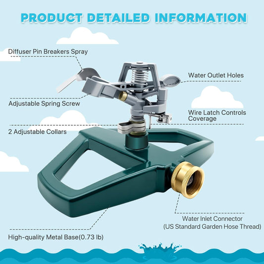 Metal Impact Sprinklers for Yard, 2 Pack, Heavy Duty Adjustable Lawn Sprinkler with 360Β° Coverage, Water up to 5,800 Sq. Ft, Durable Metal Base for Medium to Large Yards, Yard&Areas