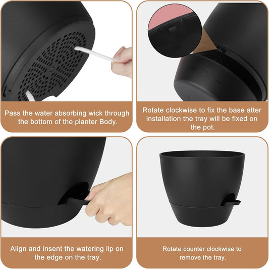 Plant Pots 10/9/8/7.5/7 Inch Self Watering Pots, Set of 5 Plastic Planters with Drainage Holes and Saucers,Plastic Flower Pots,Nursery Planting Pot for Indoor Out Door Plants(All Black)