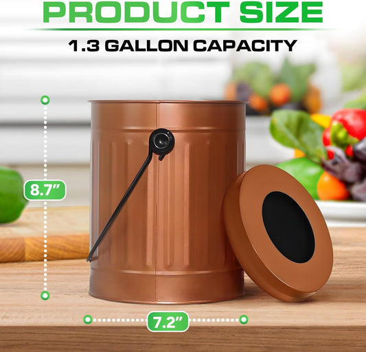 Plexon Countertop Compost Bin Kitchen Indoor, with Lid, Copper 1.5 Gallon Odorless Kitchen Compost Container, Steel Food Bucket Pail with Charcoal Filter, Bronze