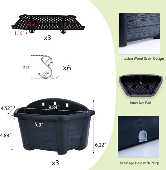summer flower Hanging Flower Pots, 3 Pack 9.84” Wall Hanging Planters for Railing Fence Balcony, Plastic Plants Pots for Window Box Garden Outdoor Flowers Indoor Decor (Black)